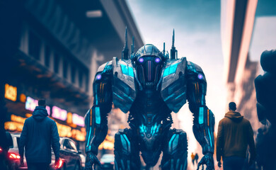Fototapeta na wymiar Advanced large or huge humanoid robots are attacking on human. Generative AI.