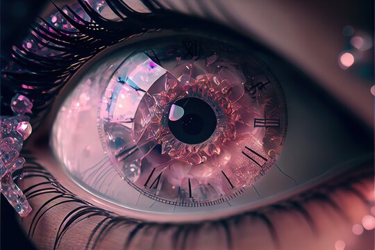 Generative AI illustration of macro photography shot of realistic female eyes with pink Iris that looks like a Roman numeral analog clock, time in eyes, opalescence and shiny, shattered glass crystals