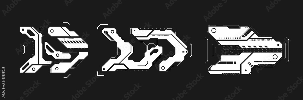 Poster set of cyberpunk arrows. kit of futuristic interface cyber elements. cyberpunk pointers, direction. 