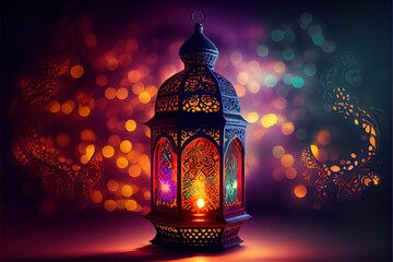 Generative AI illustration of Muslim Holy Month Ramadan Kareem Arabic Lantern with bokeh, Neon light and lantern displayed on stages with glowing light in the evening. Wallpaper and banner background. - obrazy, fototapety, plakaty