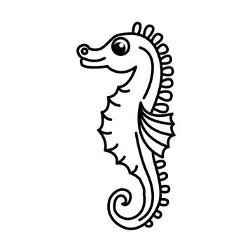 Cute sea horse cartoon characters vector illustration. For kids coloring book.