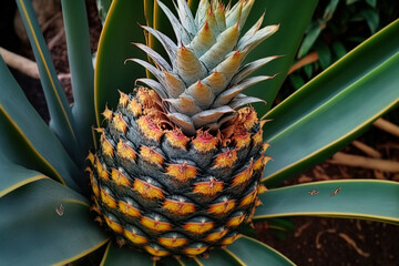 Growing in the fruit garden is a fresh, delicious pineapple from the tropics. Generative AI