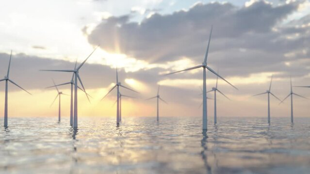 Camera fly over wavy ocean, many green energy wind turbines spinning. sunset background. 3D render.