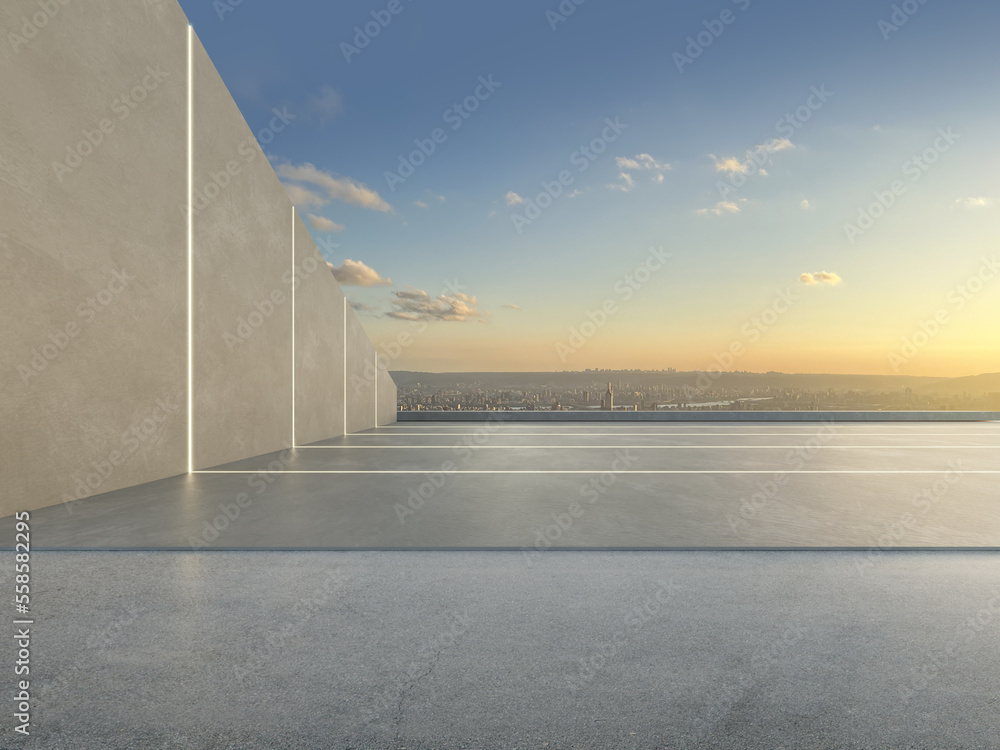 Aufkleber 3d render of modern architecture with empty concrete floor, car presentation background.