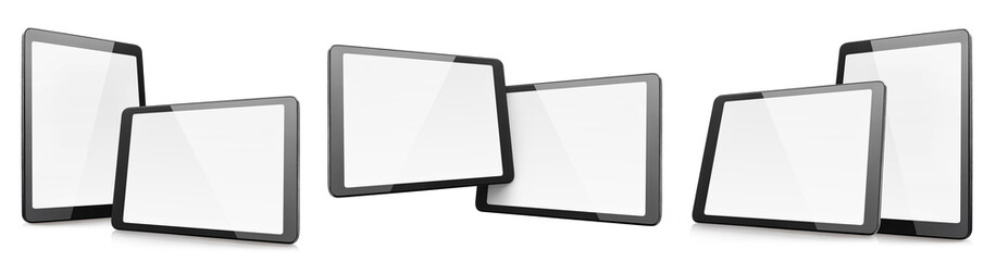 Collection of black tablet computers, isolated on white background