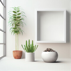 Mockup of empty frame displayed inside room interior with white wall background and plant pot nearby