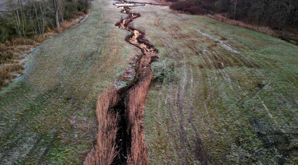 winding stream with ponds. people renewed the zigzagging cancel melioration, measures to maintain water in the landscape. a pond with a drowned tree is surrounded by lying frozen grass like fur