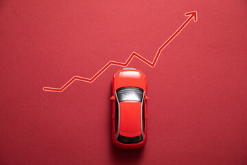 Growing arrow with a car model. Rising car sales or cost