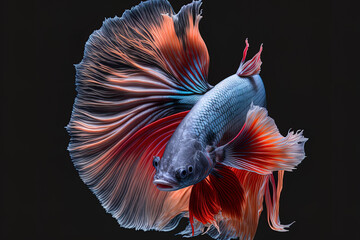 Fototapeta premium Beautiful betta fish with amusing face on black backdrop. Generative AI
