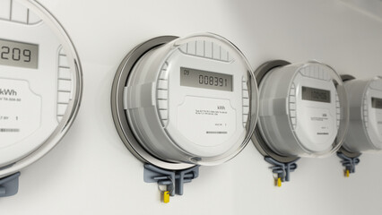 Row of electricity meters on the wall. 3D illustration - obrazy, fototapety, plakaty