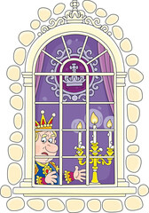 Angry king in a golden crown fearfully looking out of his palace window, vector cartoon illustration isolated on a white background
