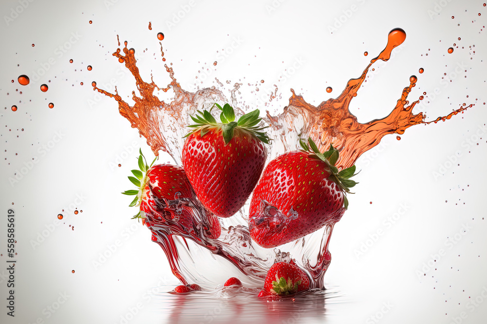 Poster strawberries on a white backdrop with a juice splash. generative ai