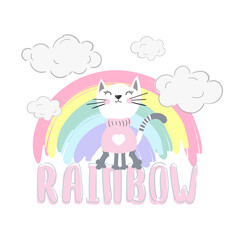 Hand drawn cat sitting on the rainbow. Cartoon character vector illustration. Childish design print on t-shirt.