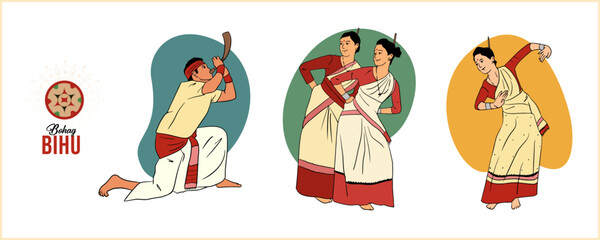 Vector illustration of Happy Bihu, Assamese New Year, Indian traditional Harvest festival of Assam, man and woman performing Bihu folk dance vector.
