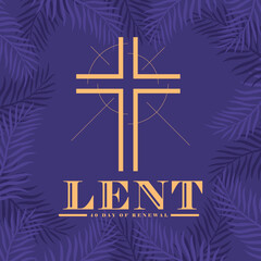 Lent, 40 day of renewal text and gold cross crucifix sign with line radiate shine on purple plam leaves texture background vector design