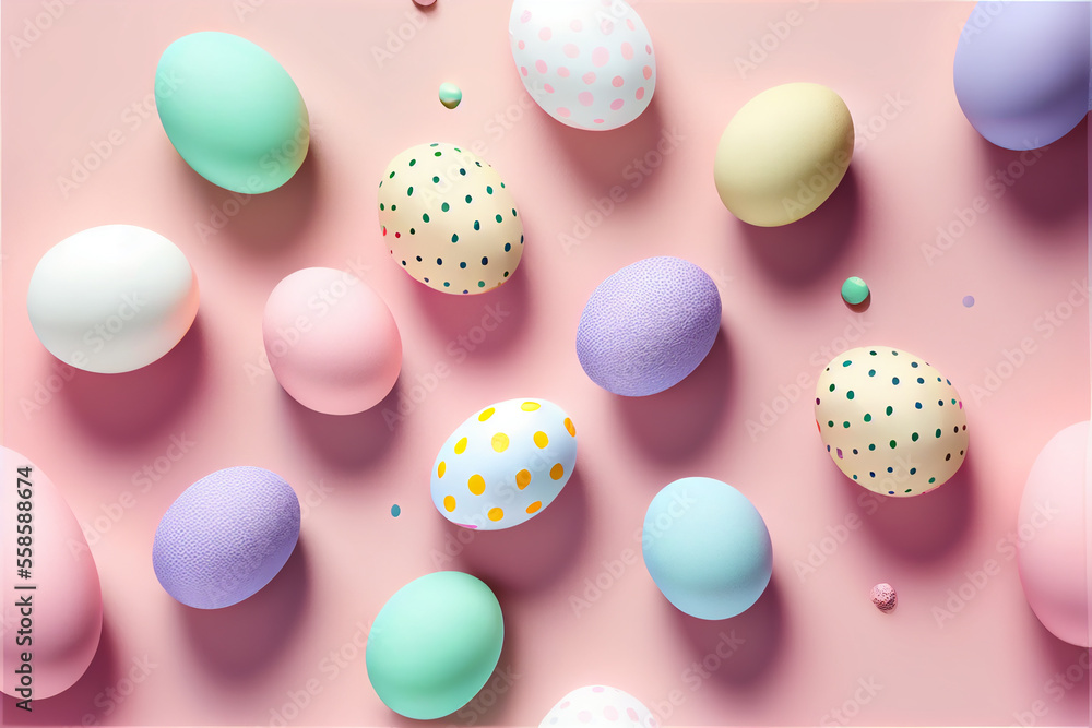 Wall mural Top view of easter egg  multicolored egg on pastel background