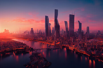 Ai generated illustration of city skyline reflection on the river.Not based on any actual scene/pattern.