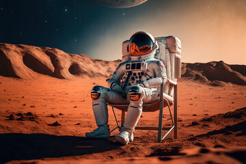 sitting in a chair on Mars as an astronaut. Generative AI - obrazy, fototapety, plakaty
