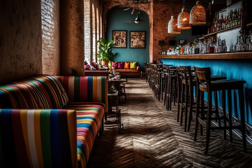 a loft style, dimly lit hallway of a mexican restaurant with an open kitchen in the distance. There are wooden tables with a variety of colorful sofas and chairs in front of the kitchen. There are sof
