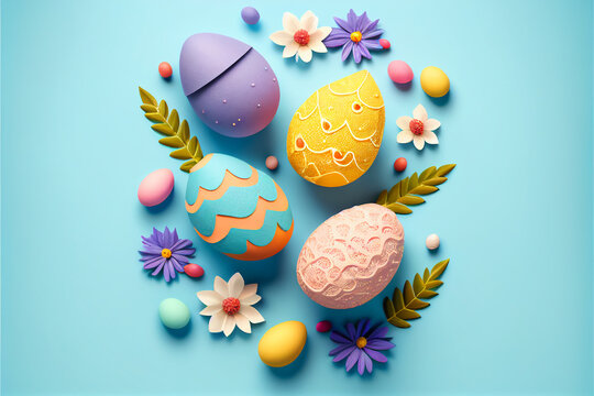 illustration of happy easter background with multicolour egg on pastel sky background