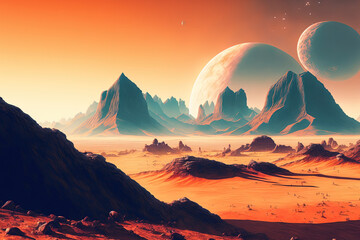 Scenery of a hypothetical Mars planet's surface, with an orange desert and mountains, is realistic science fiction. Generative AI