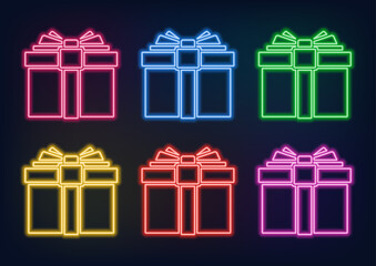 Gift box in neon design. Neon sign. Luminous line in different colors.