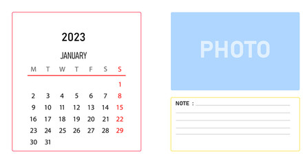 January calendar for year 2023. Monthly Weekly Schedule New Year Calendar 2023 Design Template.