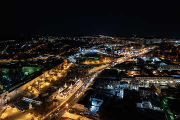 night festive city aerial view, street, lights
