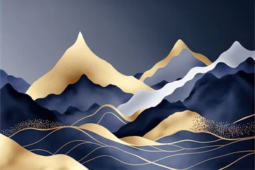 Gardinen Fond d'art aquarelle avec des montagnes et des collines en bleu et or sur la mer ou le lac. Bannière de paysage vectoriel pour la conception de papier peint, la décoration, l'impression, le design d'i © Merilno