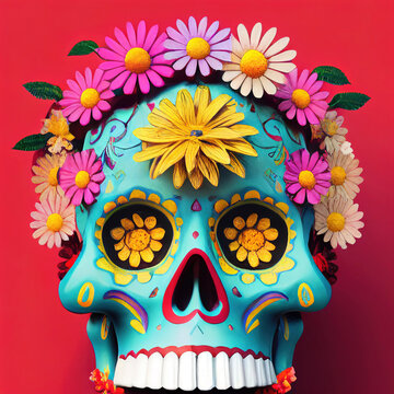 Calavera (Sugar Skull) in a traditional style for Dia de Los Muertos (Day of the dead).