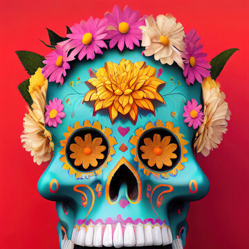 Calavera (Sugar Skull) in a traditional style for Dia de Los Muertos (Day of the dead).
