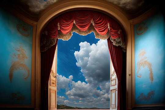 A local's interior features dramatic draperies, stairs, and a sky background. Barcelona, Spain is the scene. Generative AI