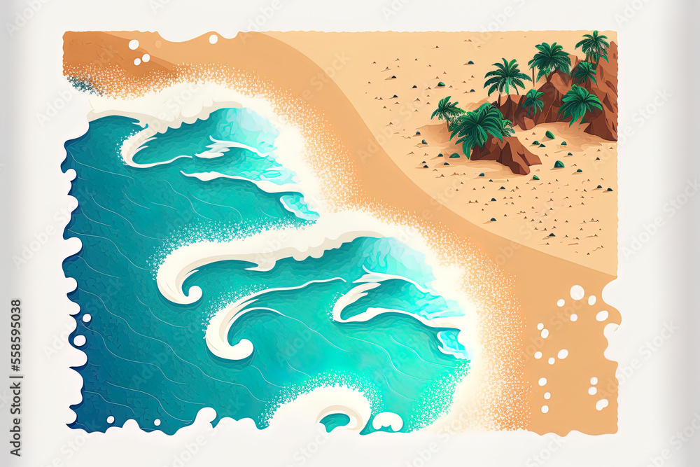 Poster view from above of a sandy beach. aerial image of frothy waves crashing on a sandy shore. an artwork