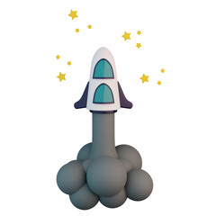 Rocket rising into the sky with smoke and stars 3D illustration