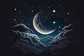 Obraz na płótnie Canvas Illustration of a night sky with a half moon among clouds and stars. Generative AI