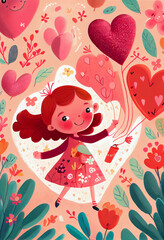 adorable girl illustration Valentine's Day card, generative AI