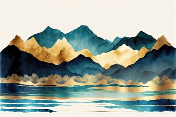 Fond d'art aquarelle avec des montagnes et des collines en bleu et or sur la mer ou le lac. Bannière de paysage vectoriel pour la conception de papier peint, la décoration, l'impression, le design d'i - obrazy, fototapety, plakaty