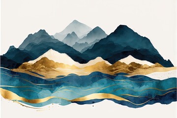 Fototapeta na wymiar Fond d'art aquarelle avec des montagnes et des collines en bleu et or sur la mer ou le lac. Bannière de paysage vectoriel pour la conception de papier peint, la décoration, l'impression, le design d'i