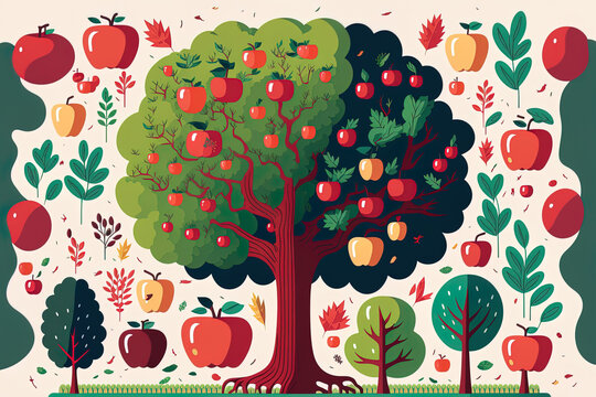 Apple tree illustration in flat style, isolated on a backdrop of white, with agricultural idea, tree with fruits and large red apples nearby, and materials for a harvest infographic. Generative AI