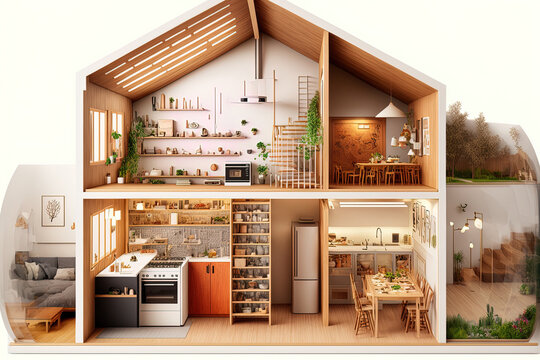 a house's cross section. Work from home ideas, life objectives, and furnishings that is utilized every day. realistic and illustrated in white and wood tones. Generative AI