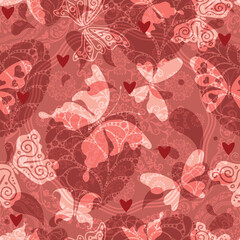 Vector abstract seamless pink pattern for Valentine day with hearts and butterflits 