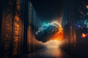 Futuristischer Korridor von Server, Super-Computer, Cloud-Computing mit Visualisierung von Datenströmen Internet Cloud	