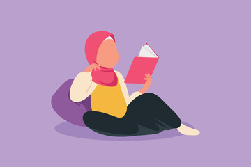Cartoon flat style drawing Arab little girl reading, learning and leaning on cozy couch. Study at school. Smart female student get education. Intellectual knowledge. Graphic design vector illustration