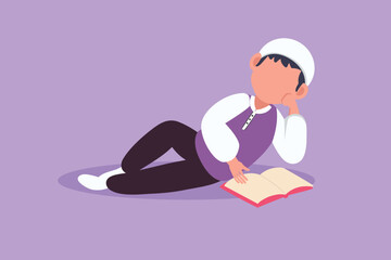 Graphic flat design drawing Arabian little baby boy is reading book and dreaming lying on floor. Source of knowledge. Intelligent student. Education and intellectual. Cartoon style vector illustration