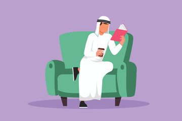 Graphic flat design drawing Arabian man student reading book lying on couch. Cozy living room interior. Bookworm young male enjoying reading hobby, gaining education. Cartoon style vector illustration