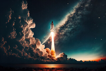 Successful rocket launch rocket launch to the space with dazzling light new space shuttle with a light trail glides into the wonderful starry sky beginning a space mission and exploring the universe