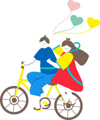 Couple ride a bicycle