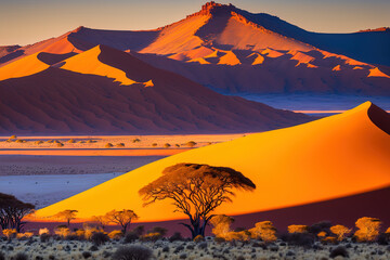 Beautiful panorama with orange sand dunes in Namibia's Namib Naukluft National Park's Sossusvlei. Generative AI - obrazy, fototapety, plakaty