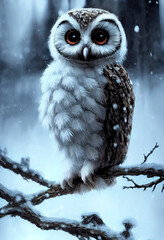 Naklejka premium Tiny Cute Owl in the snow, illustration of cute owl in christmas landscape