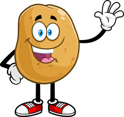 Smiling Potato Cartoon Character Waving For Greeting. Vector Hand Drawn Illustration Isolated On Transparent Background